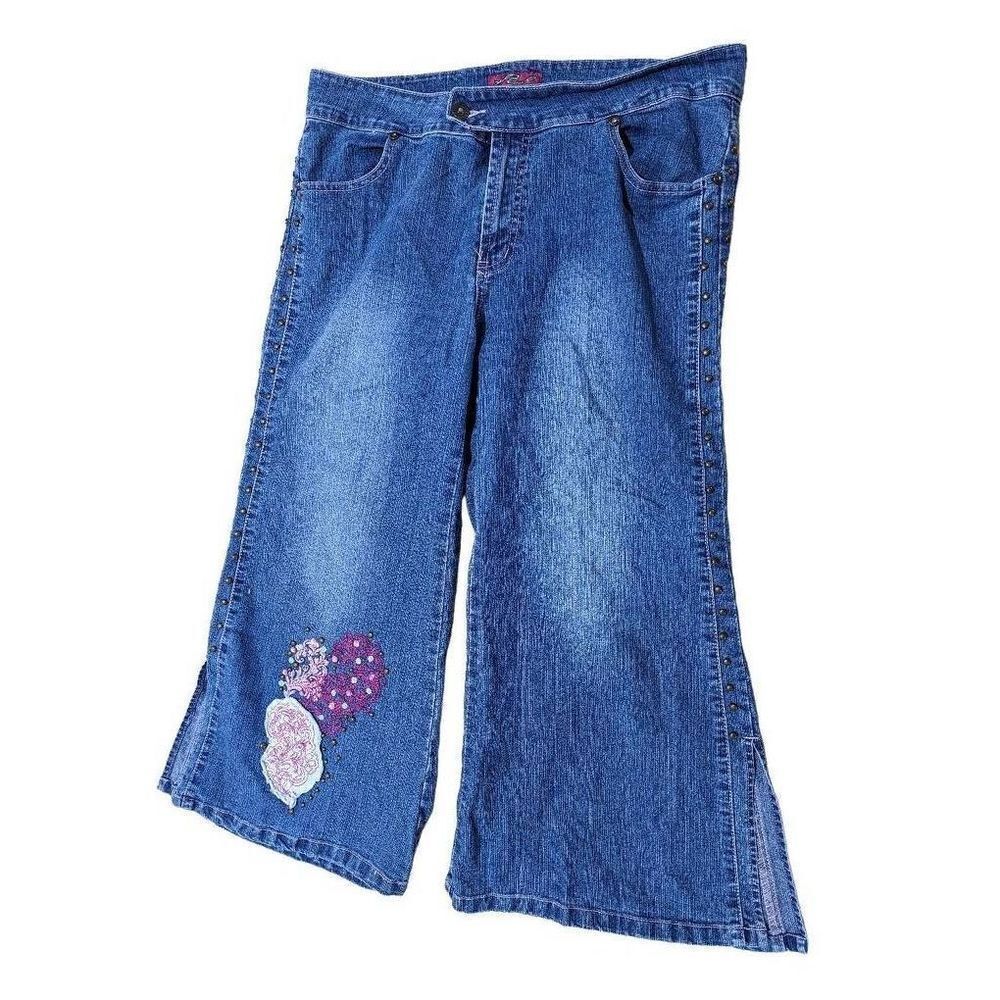 Plush Platinum Plush Women's Blue Medium Wash Wide-Leg Floral Applique Jeans Siz